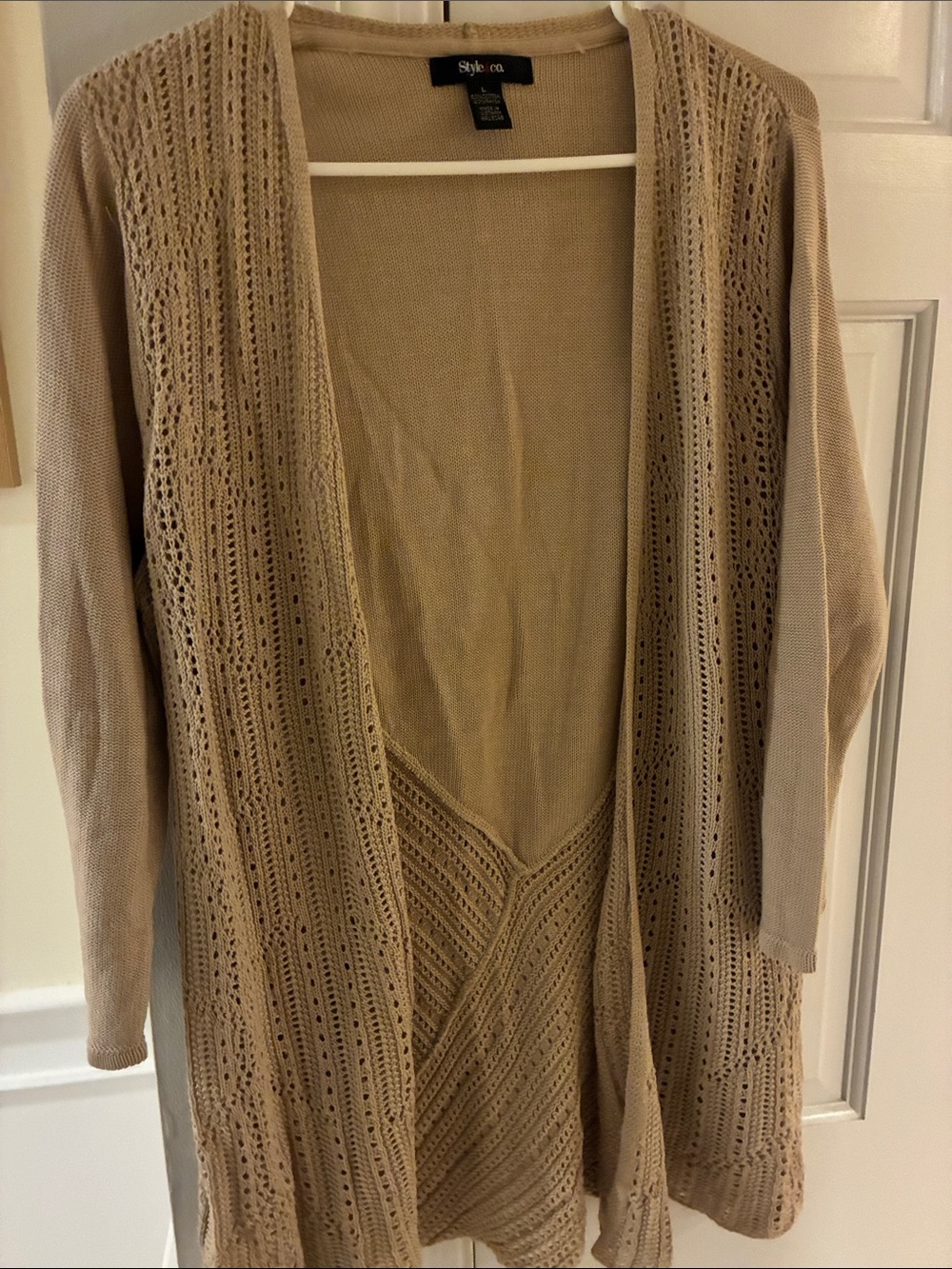 Style & Co. Light Beige Open-Front Knit Cardigan with Eyelet Detail